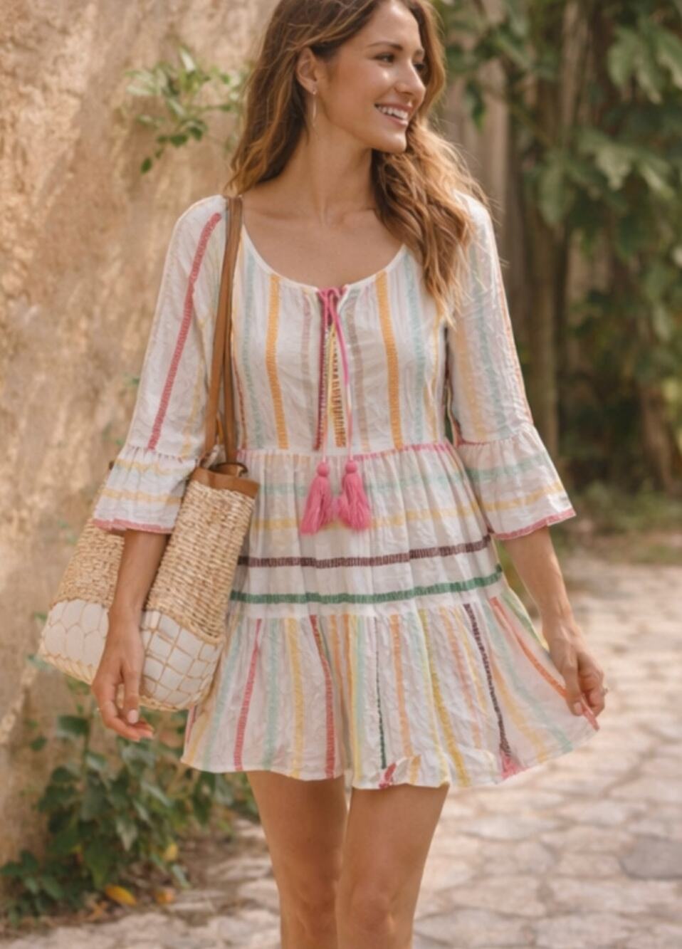 Pilyq Tassel Mini Dress Colorful Stripe Cotton Resort Boho XS S